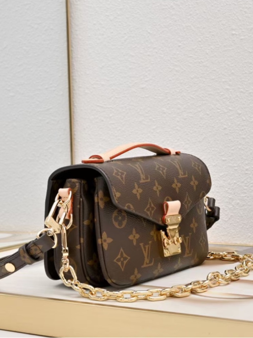 Monogram Canvas Shoulder Bag with Gold Chain - Brown